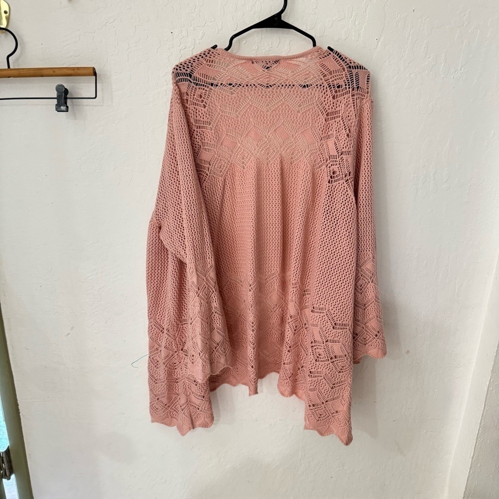 Roaman’s Plus Size Pink Crochet Wide Sleeve Eyelet Knit Cardigan 30/32 - Picture 7 of 7